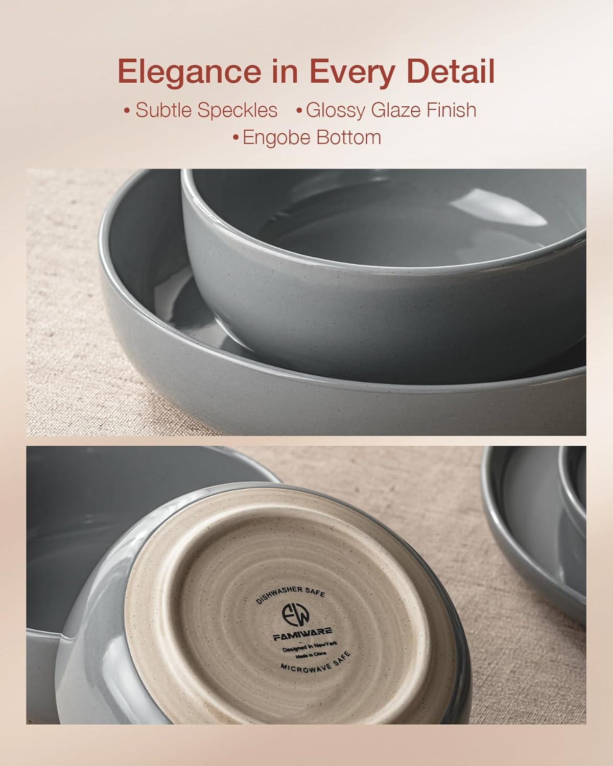 Famiware Milkyway Stoneware Dinnerware Sets with Pasta Bowls, Service for 4 (16 Pieces), Plates and Bowls Sets -Scratch Resistant, Microwave and Dishwasher Safe Dishes Set, Dark Gray