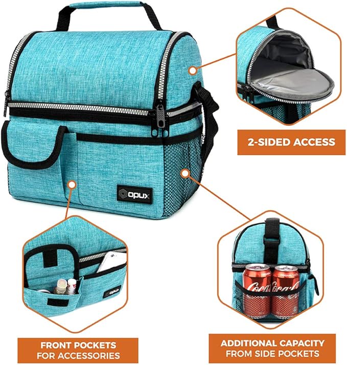 OPUX Lunch Box for Men, Adult Lunch Box Cooler, Insulated Lunch Bag Women, Dual Compartment Lunchbox for Work, Leakproof Double Decker Lunch Bag, Soft Lunch Pail Tote Boys Girls Kids School, Teal Blue