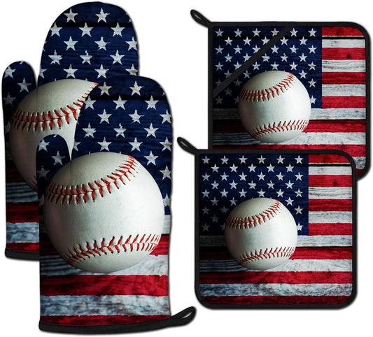 American Flag Baseball Oven Mitts and Pot Holders Sets Heat Resistant 4Pcs Potholders Oven Gloves Hot Pads for Kitchen Baking Cooking Grilling BBQ