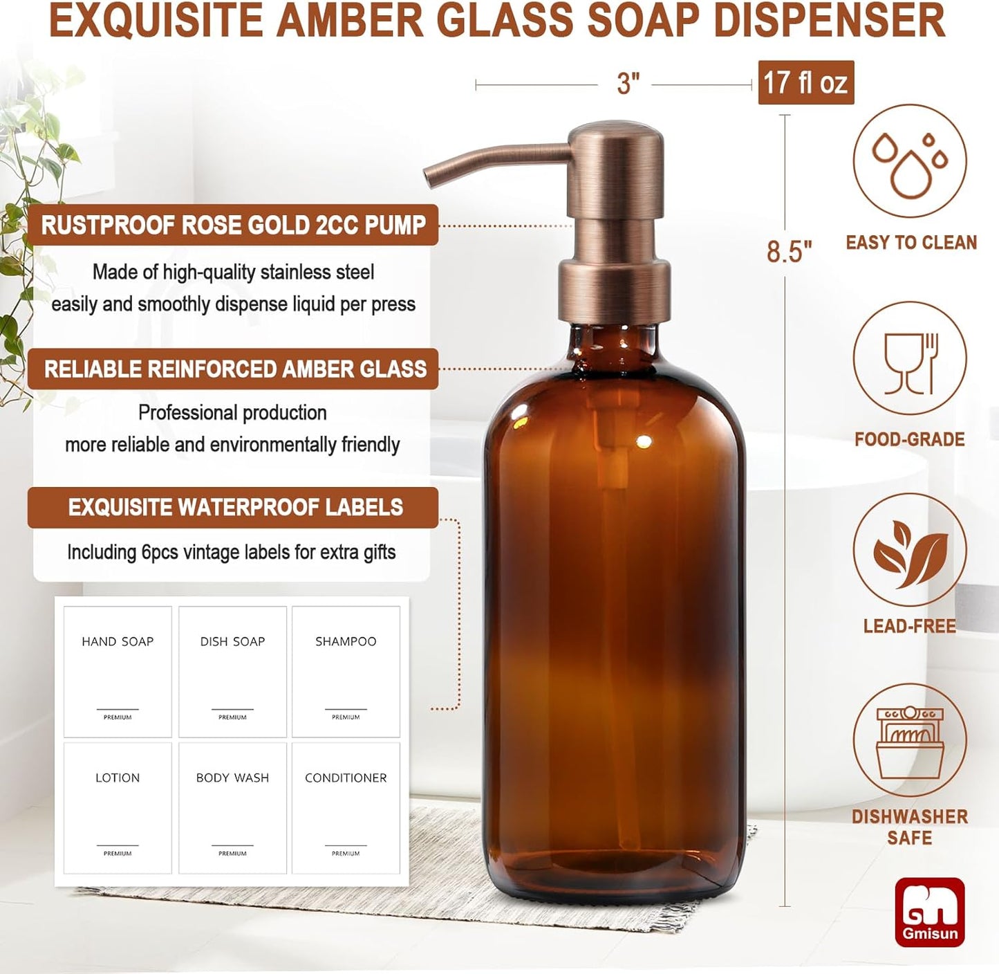 GMISUN Amber Glass Soap Dispenser, 2 Pack Bathroom Hand Soap Dispensers with Rose Gold Pump, 17 Fl Oz Kitchen Hand and Dish Soap Dispenser Set, Modern Vintage Liquid Brown Soap Dispensers Bottle