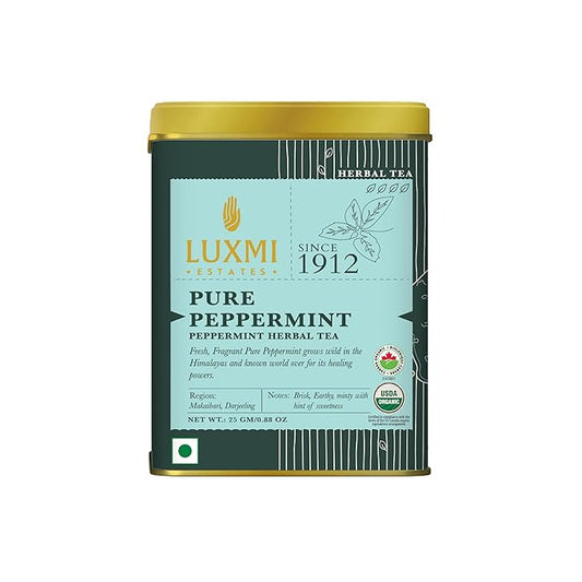 Luxmi Estates Purely Peppermint 25gm Tin | USDA Certified Organic Herbal Tea | Mint Tea Best for Night Time