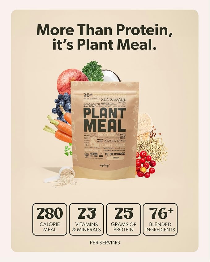 Plant Meal Replacement Shake - Vanilla - 25g of Plant Based Vegan Protein Powder, 76+ Organic Superfoods, Vitamins & Minerals, Mushrooms, Super Greens, Digestive Enzymes & Probiotics - 15 Servings