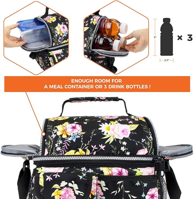 opux Lunch Bag Women Insulated, Adult Lunch Box Cooler, Flower Lunch Box, Dual Compartment Lunchbox for Work, Leakproof Double Decker Lunch Bag, Soft Lunch Pail Tote Girls Kids School, Floral Black