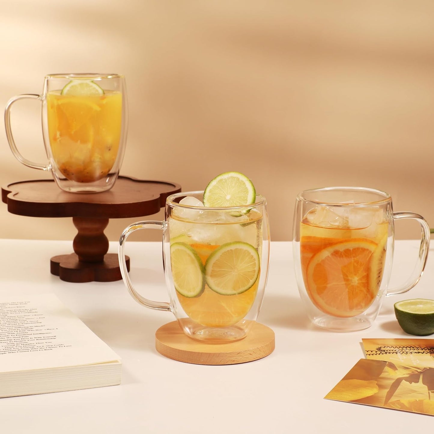 CNGLASS 12oz Double Walled Glass Coffee Mugs(4-pack),Insulated Glass Mugs with Handle,Clear Espresso Cups for Latte,Cappuccino,Tea Bag