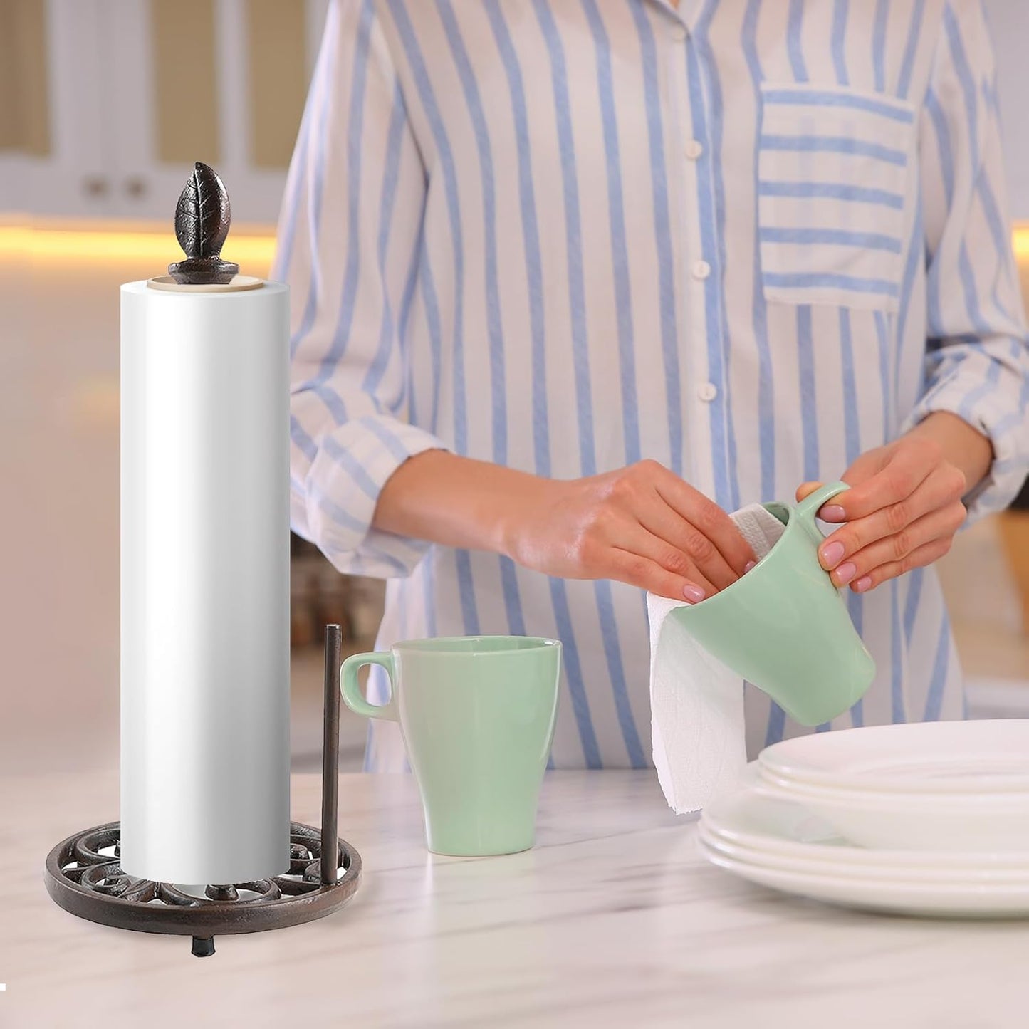 JOGREFUL Paper Towel Holder Stand, Cast Iron Kitchen Paper Towel Countertop Vintage Stand with Weighted-Base, Bathroom Organization for Family Standard Large Size Roll Paper, Leaf Top, Brown