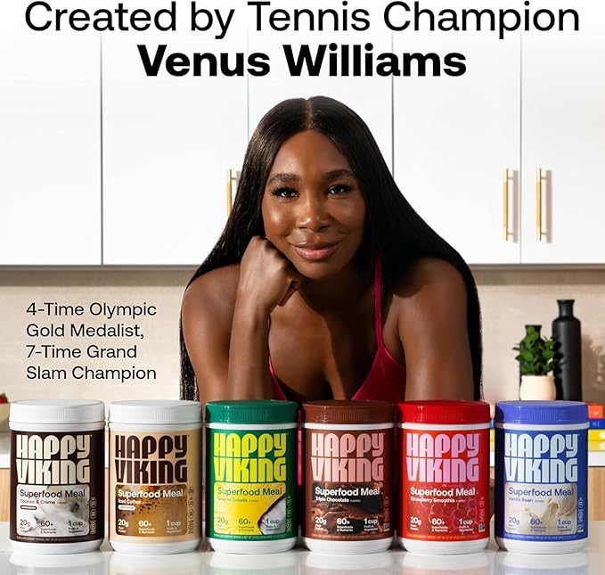 Happy Viking Vanilla Bean Plant Protein Powder, Created by Venus Williams, 20G Protein, Low Carb, Keto, Vegan, Gluten-Free, Non-GMO, Superfoods, Complete Meal Replacement, 8 Single Serve Packs
