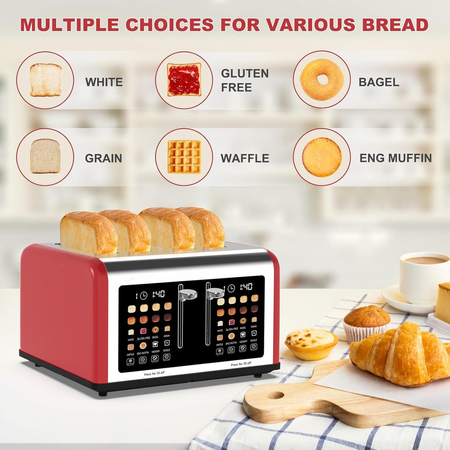 4 Slice Toaster Touch Screen, Stainless Steel Toasters Digital Timer, Dual Control Panel Toasters, 8 Shade Settings 6 Bread Types for Bagel, Cancel, Defrost 1650W Red