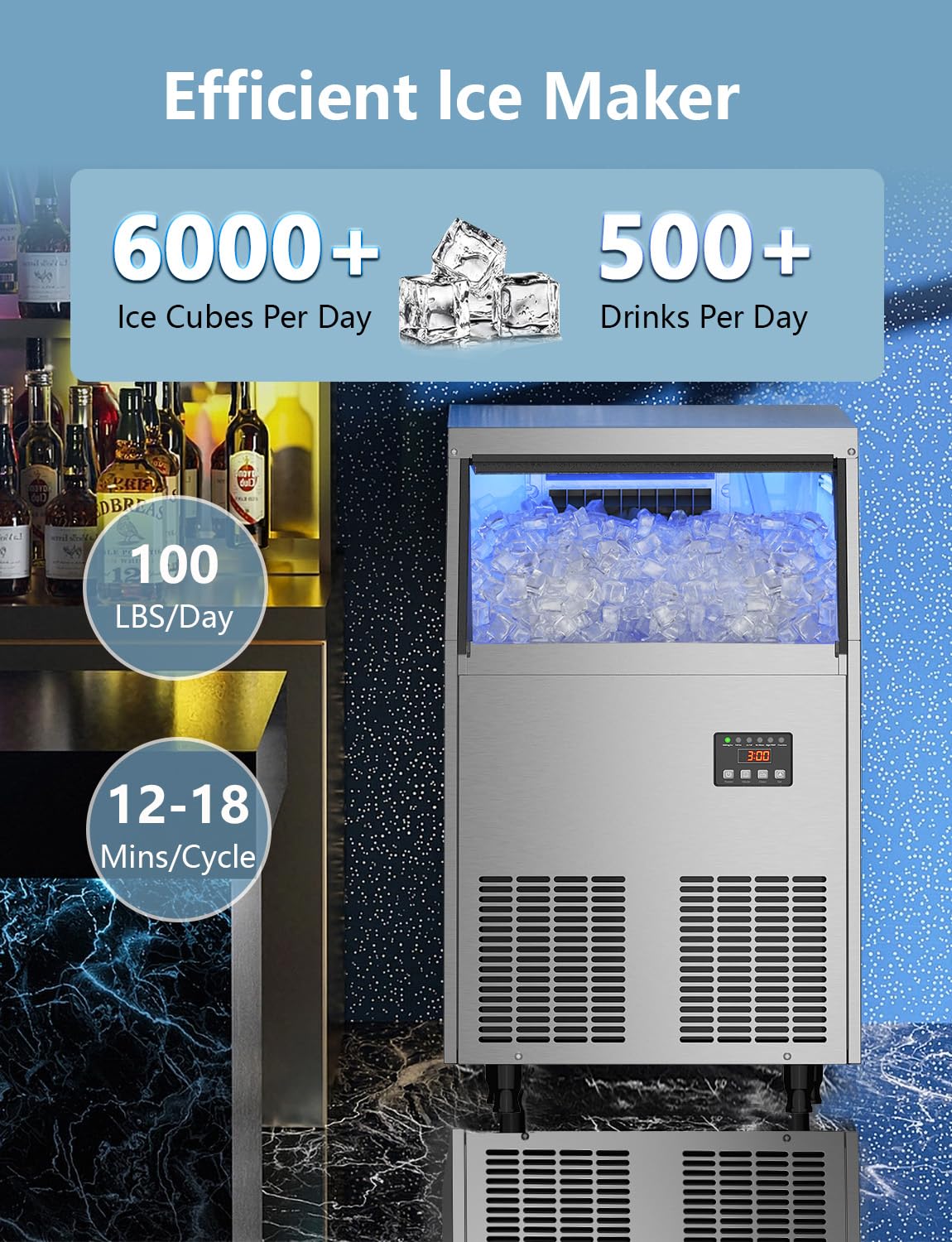 Commercial Ice Maker Machine 100Lbs/24H, Under Counter Ice Machine with 34lbs Ice Storage Bin, Stainless Steel Freestanding Ice Maker for Restaurant, Bars, Home and Offices