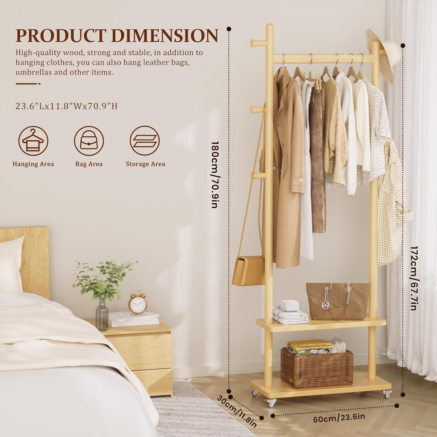 Coat Rack Freestanding Clothing Rack with Wheels & 2 Shelves Storage & 5 Hooks Heavy Duty Clothes Rack Wood Coat Tree Stand Hat Hanger Rack for Corner Bedroom Entryway Living Room Hotel Size L