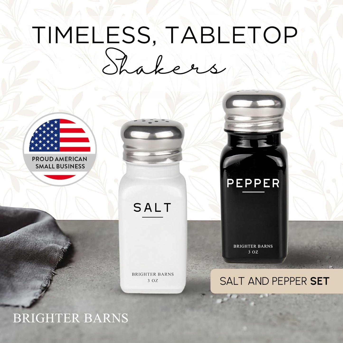 Farmhouse Salt and Pepper Shakers Set by Brighter Barns - Modern Kitchen Decor, Dining Table Countertop Accessory - Rustic, Vintage Glass Shakers with Stainless Steel Lids for Home, Restaurant