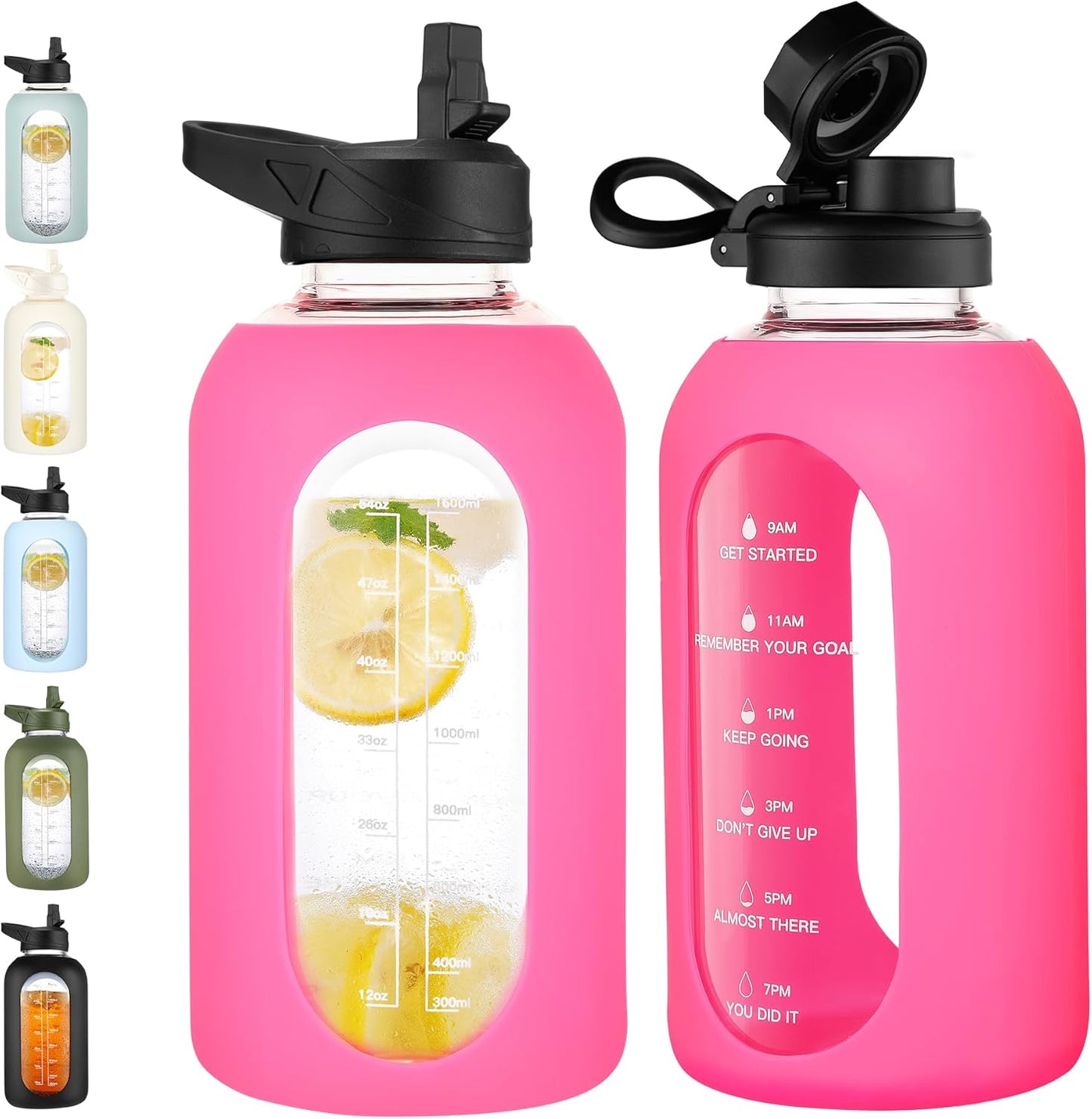 CIVAGO 64 oz Glass Water Bottle Jug with Straw and Handle, Half Gallon Sports Motivational Water Bottle with Time Marker, Wide Mouth Water Flask Canteen with Silicone Sleeve for Gym,Camelia