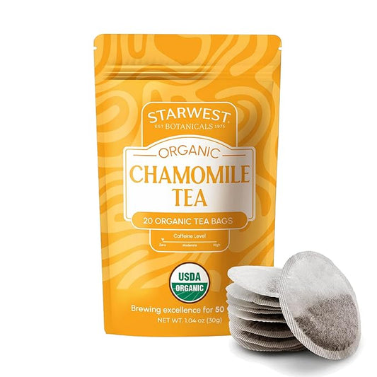 Starwest Botanicals Organic Chamomile Tea - Caffeine Free Herbal Tea, Supports Sleep & Relaxation, String Free Sachets, USDA Organic Chamomile, Non GMO - 20 Tea Bags