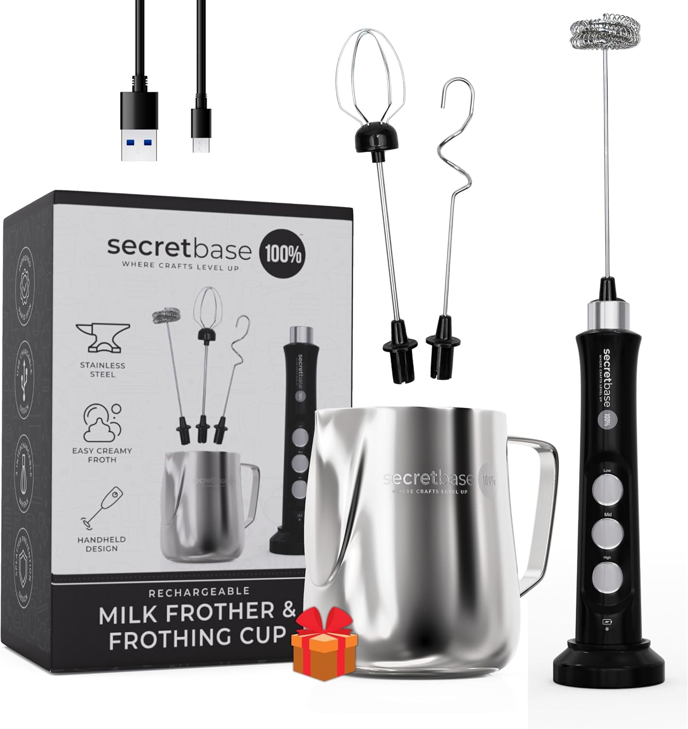 Secretbase 3 Speed Rechargeable Milk Frother and Cup Set, Cordless USB Charging Cradle - Handheld Milk Frother, Double-thickness Whisk, Tiny Egg Beater, Mini Electric Coffee Stirrer(Black)