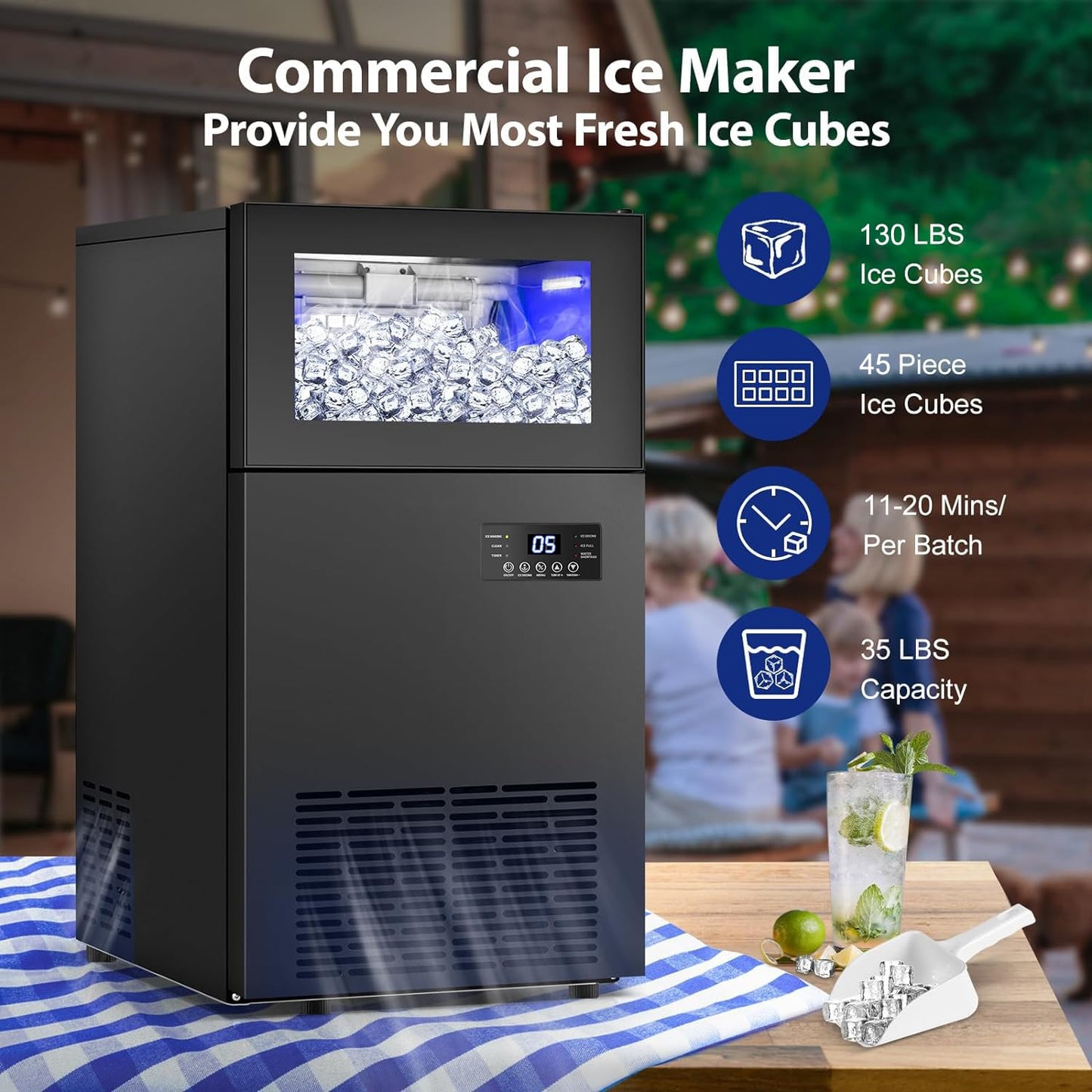 Commercail Ice Maker 130Lbs/24H with 35Lbs Ice Capacity,Upgraded 15" Wide Under Counter Ice Machine 45Pcs Ice Cubes,Commercial Ice Machine Self Clean Stainless Steel Built-in or Freestanding