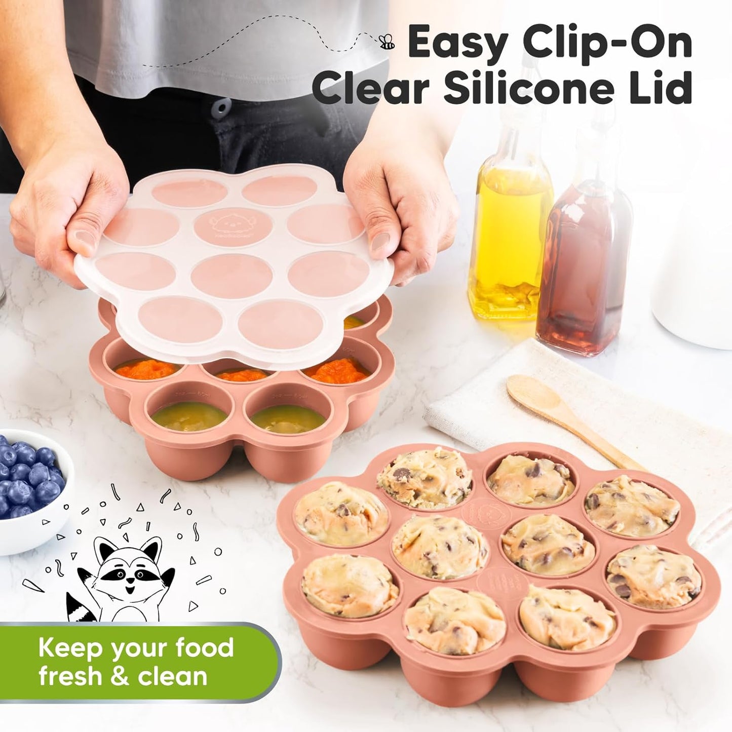 KeaBabies Silicone Food Freezer Trays with Lid, 2oz x 10 Pods Baby Food Storage Containers, Easy Puree Meal Prep, Breast Milk Silicone Freezer Molds, Dishwasher,Microwave Safe,BPA-Free(Roseate)