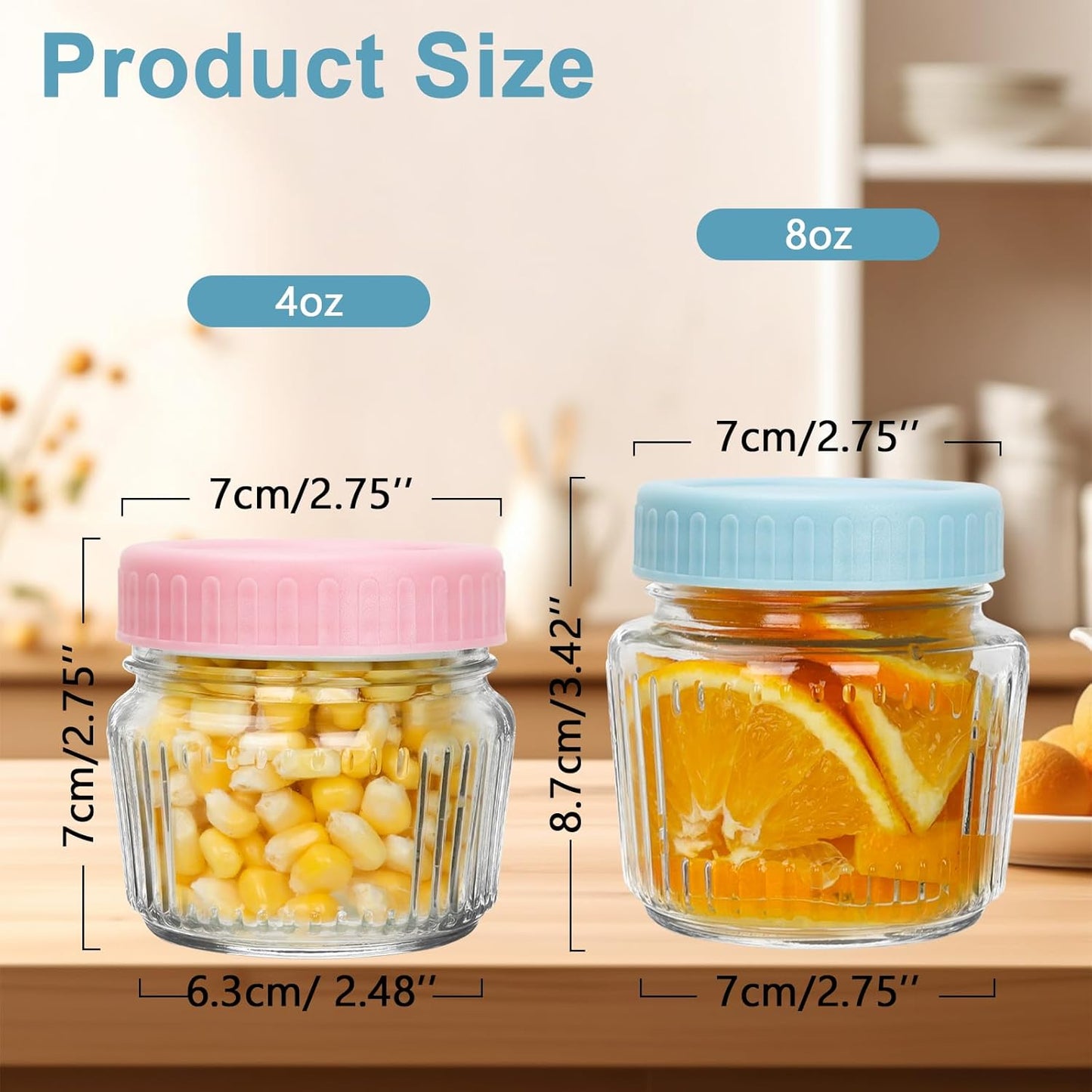 Glass Regular Mouth Mason Jars, Mini Mason Jars 4 oz, 8 Pack Clear Glass Jars with Colorful Plastic Lids, Small Canning Jar for Spice, Jam, Honey, Jelly, Dessert