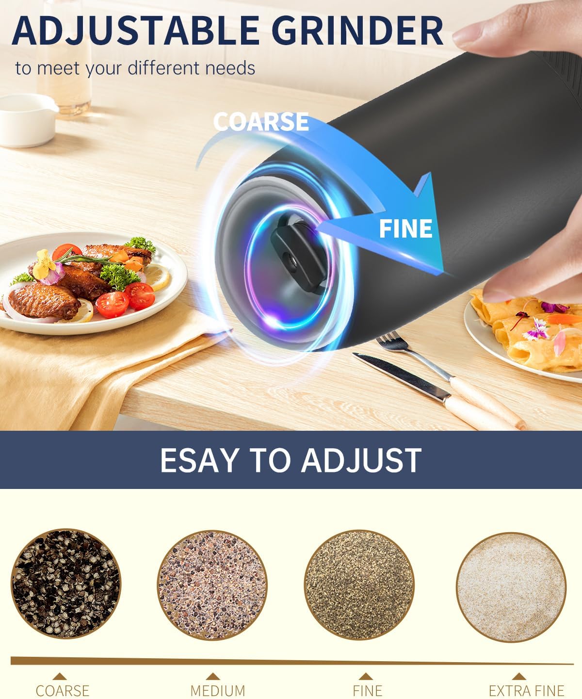 CIRCLE JOY Gravity Electric Salt and Pepper Grinder Set Battery Powered Automatic Pepper Mill Grinders with 176ml Container, Adjustable Coarseness, Bright LED Light and One Hand Operation, Black