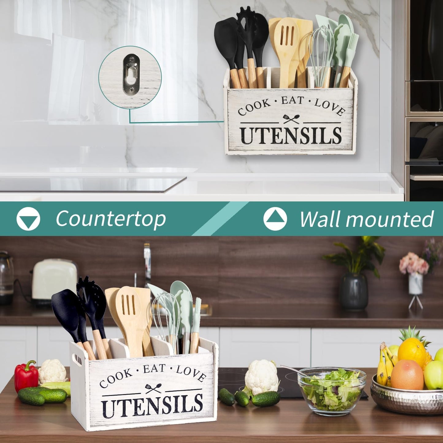 Farmhouse Cooking Utensils Organizer - Solid Wood Countertop Utensil Holder, 3 Compartment Spoon Holder for Kitchen Decor (White)