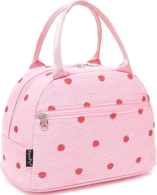 FlowFly Insulated Lunch Bag for Women – Corduroy Lunch Tote Box, Cute Cooler Bag for Work, Travel, Picnic,Corduroy Strawberries RoseRed