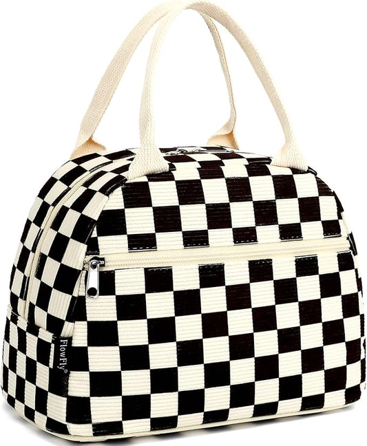 FlowFly Lunch Bag for Women Insulated Lunch Box Corduroy Lunch Tote Cooler for Travel Work Picnic,Corduroy Plaid Black