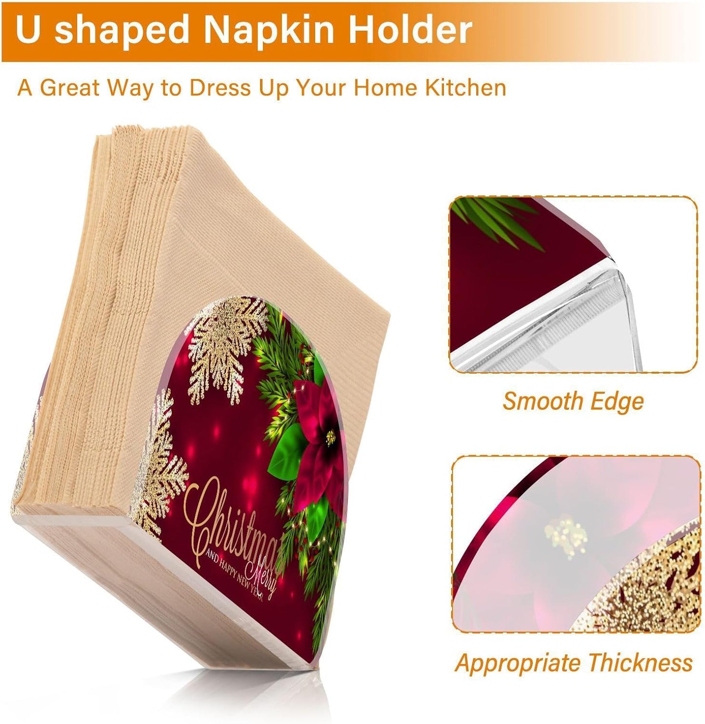 Christmas Poinsettia Flower Napkin Holder for Table Paper Napkins Holder Acrylic Tissue Dispenser Kitchen Dining Room Bathroom Party Car Decor