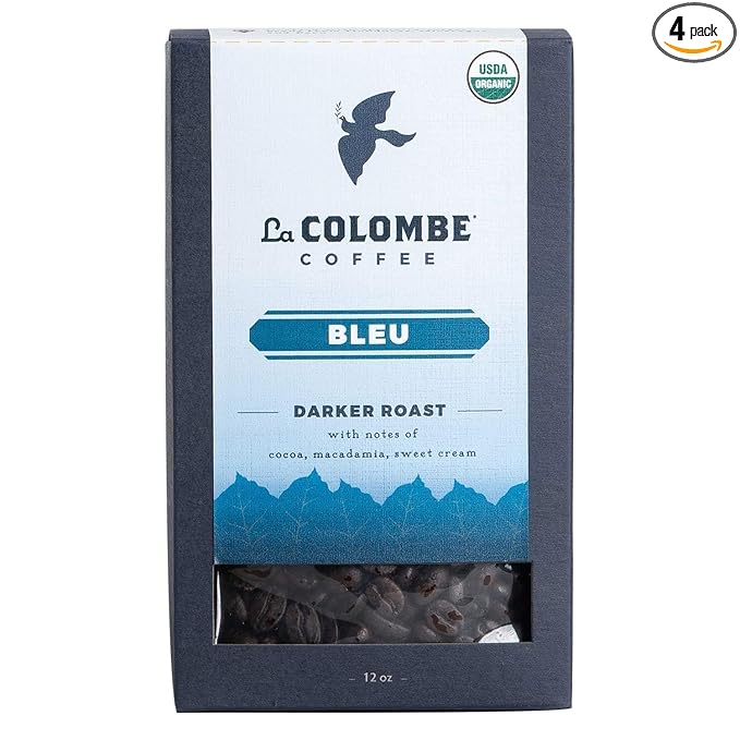 La Colombe Bleu Organic Dark Roast Whole Bean Coffee - Notes of Cocoa, Macadamia & Sweet Cream, 12 Ounce (Pack of 4)