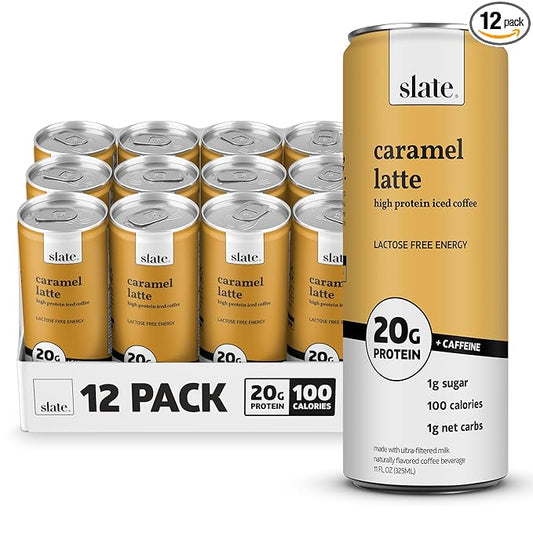 Slate Milk - High Protein Iced Coffee - Caramel Latte - 175mg Caffeine, Lactose Free Energy - 20g Protein, 1g Sugar, 100 Calories, 1g Net Carbs, No Sugar Added - Protein Coffee - 11 fl oz, 12 Cans