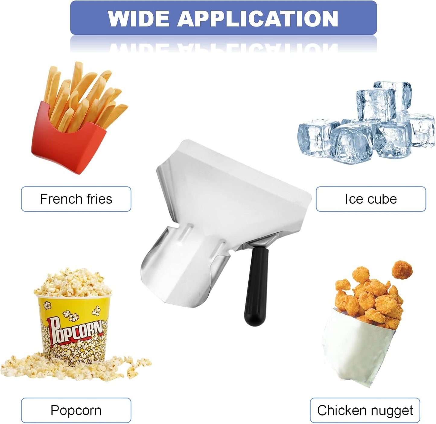 French Fry Popcorn Scoop Scooper, Stainless Steel Popcorn Scoop, Quick Fill Tool for Chip Popcorn Bagger Bags, Multipurpose Utility Scooper for Popcorn Machine Ice Candy Snacks Desserts
