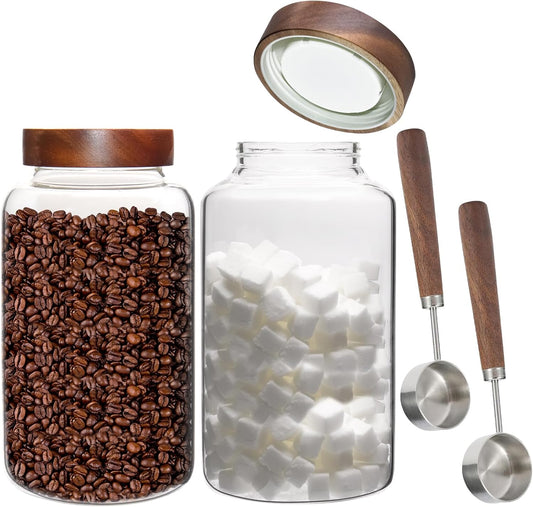 Glass Coffee Jars Spice Jar Round Storage Canister with Wooden Lid Clear Glass Food Jar for Pantry Sugar Tea Coffee Bean Spice Nuts Cookies Bath Salts (2300ml/77oz-2PACK(with spoon）)