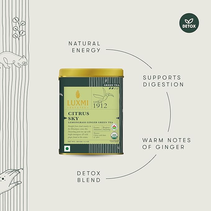 Luxmi Estates Citrus Sky Green Tea 100gm Tin | Certified Organic Darjeeling Green Tea