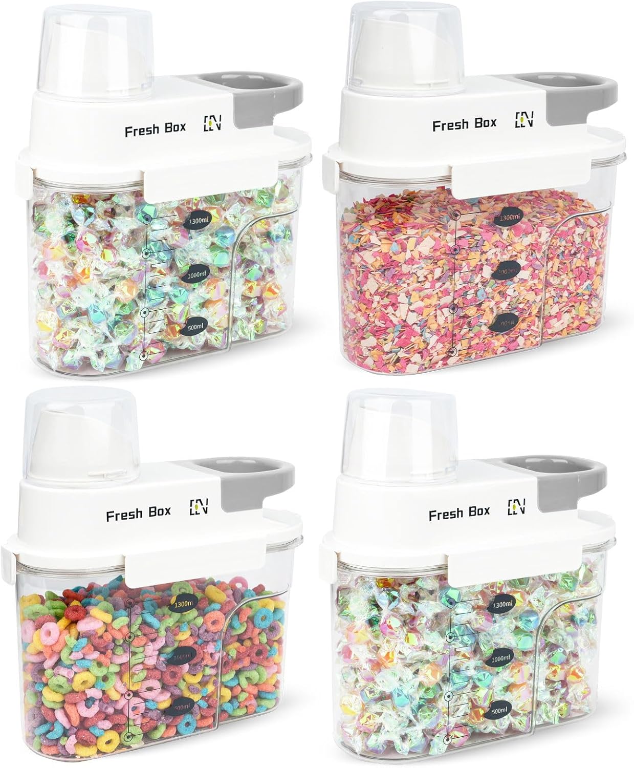 Cereal Storage Container 4Pack,44oz/1.3L Airtight Food Storage Containers With Lids,Organizers Storage With Measuring Cup for Beans,Sugar,Rice,Nuts,Snacks,Pet Food,Candy