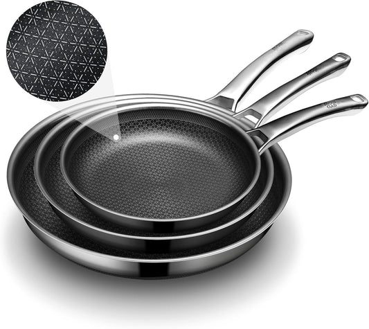 Non Stick Frying Pans Set,Hybrid Pan Set(8+10+12inch) Frying Pans Nonstick for cooking,PFOA Free Induction Cookware Sets,non stick Stainless Steel Skillets,Dishwasher and Oven Safe Kitchen set