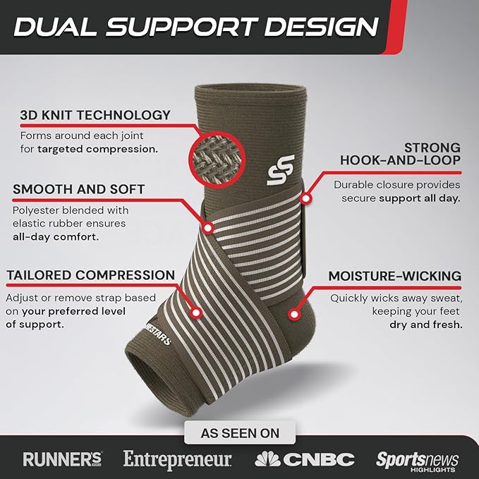 Sleeve Stars Ankle Brace for Women & Men, Ankle Wrap for Sprain, Compression Sleeve for Plantar Fasciitis Relief, Easy Customizable Support: w/ Removable Strap (Single/M:10"-12"/Mocha Brown)