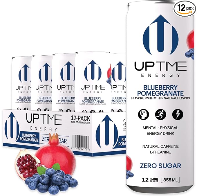 UPTIME Energy Drink, Blueberry Pomegranate, 12 Pack, Vitamin C, L Theanine, Calcium, Sugar Free Energy Drinks for Focus Support, 142mg of Natural Caffeine, 0 Calories, Clean, Natural, 12 fl oz Cans
