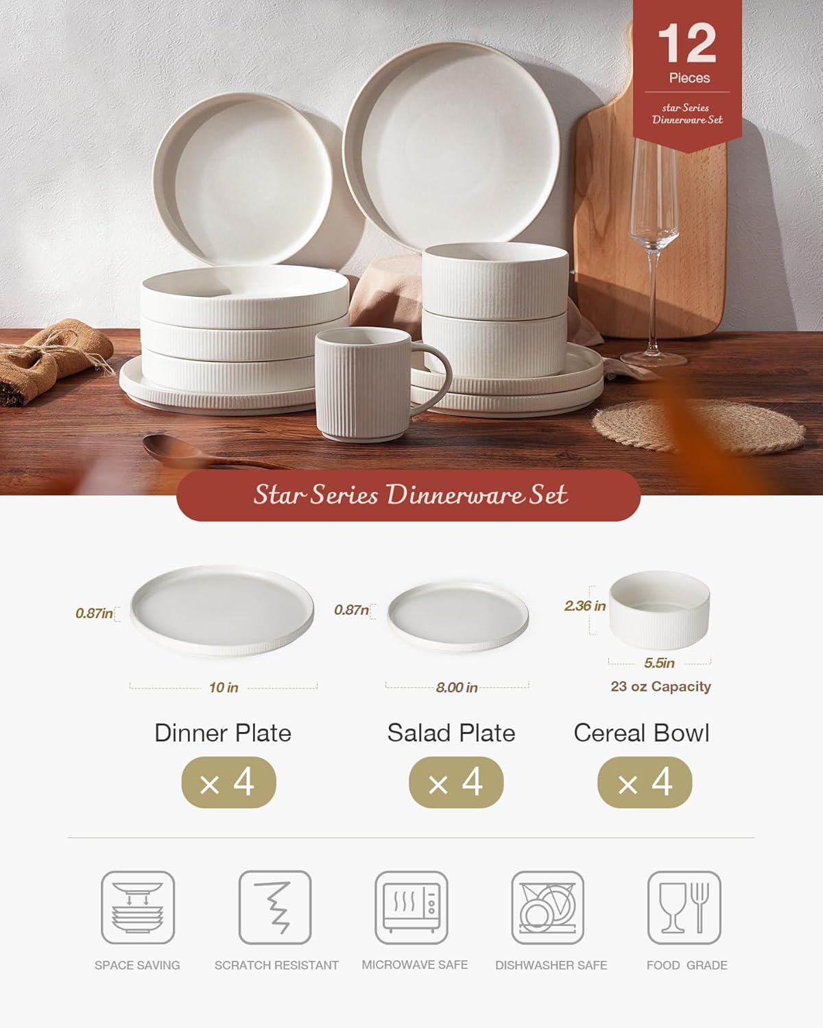 Famiware Star Dinnerware Sets, Plates and Bowls Set for 4, 12 Pieces Ribbed Dishes - Chip and Scratch Resistant, Microwave and Dishwasher Safe Tableware, Matte White