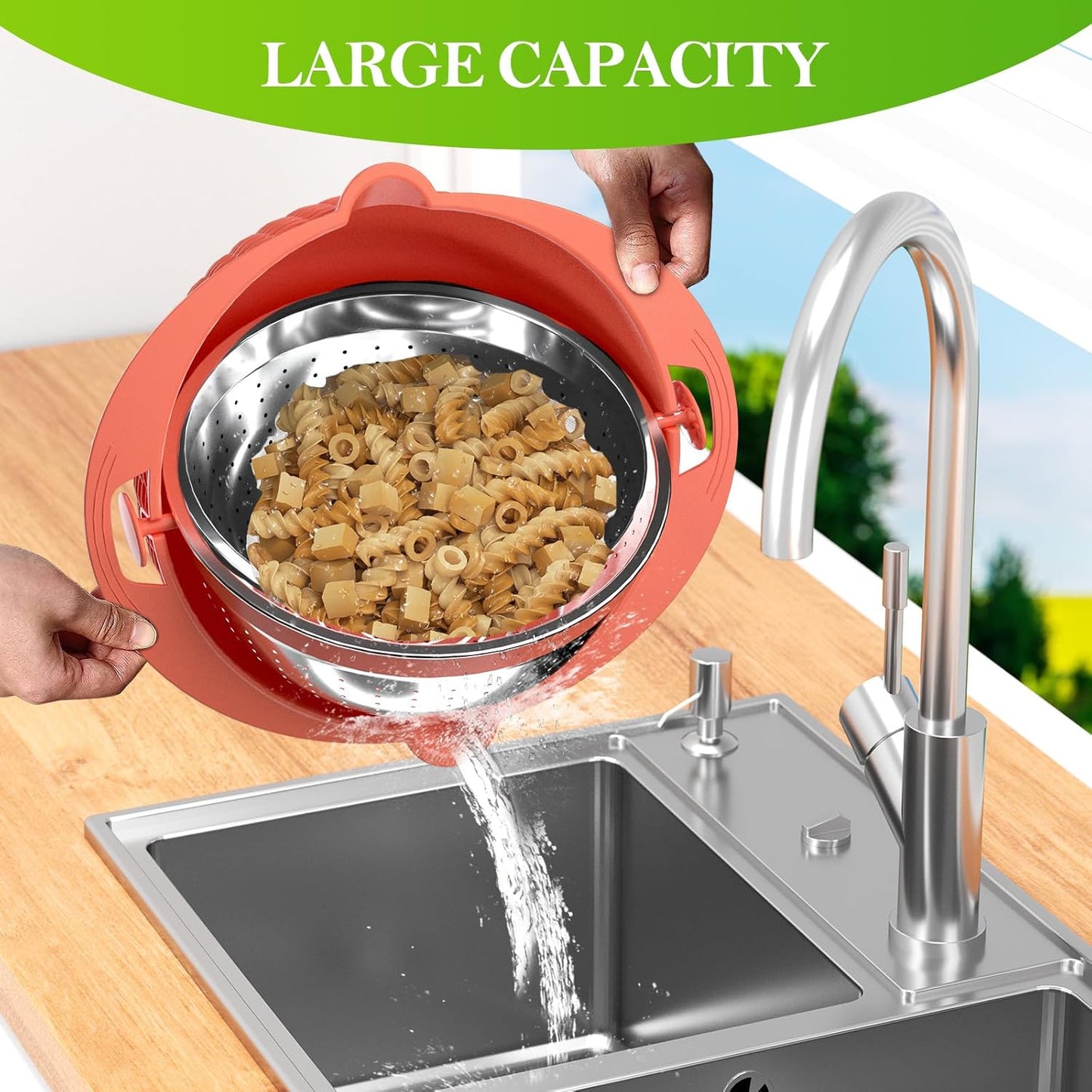 4-1 Colander with Bowl Set - Rotatable Strainers for Kitchen, Food Strainers and Colanders, Pasta Strainer, Rice Strainer, Fruit Cleaner, Veggie Wash, Kitchen Gadget Essentials - Orange