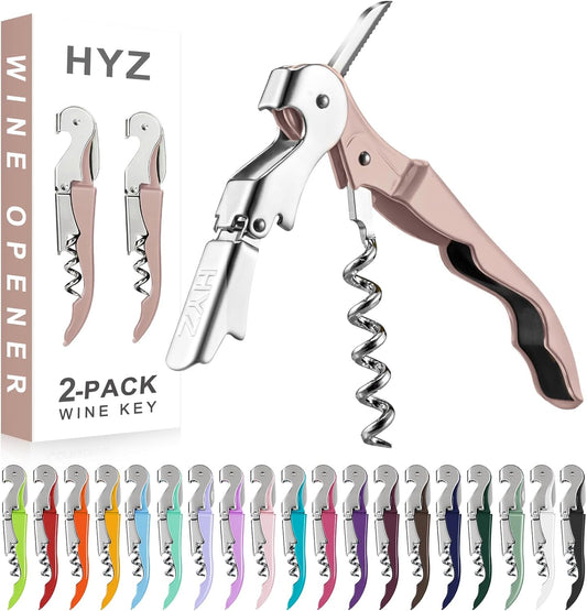 HYZ 2-Pack Wine Opener Waiter Corkscrew, Professional Wine Key for Servers, Bartender with Foil Cutter, Manual Wine Bottle Opener Double Hinged (Dark Pink)