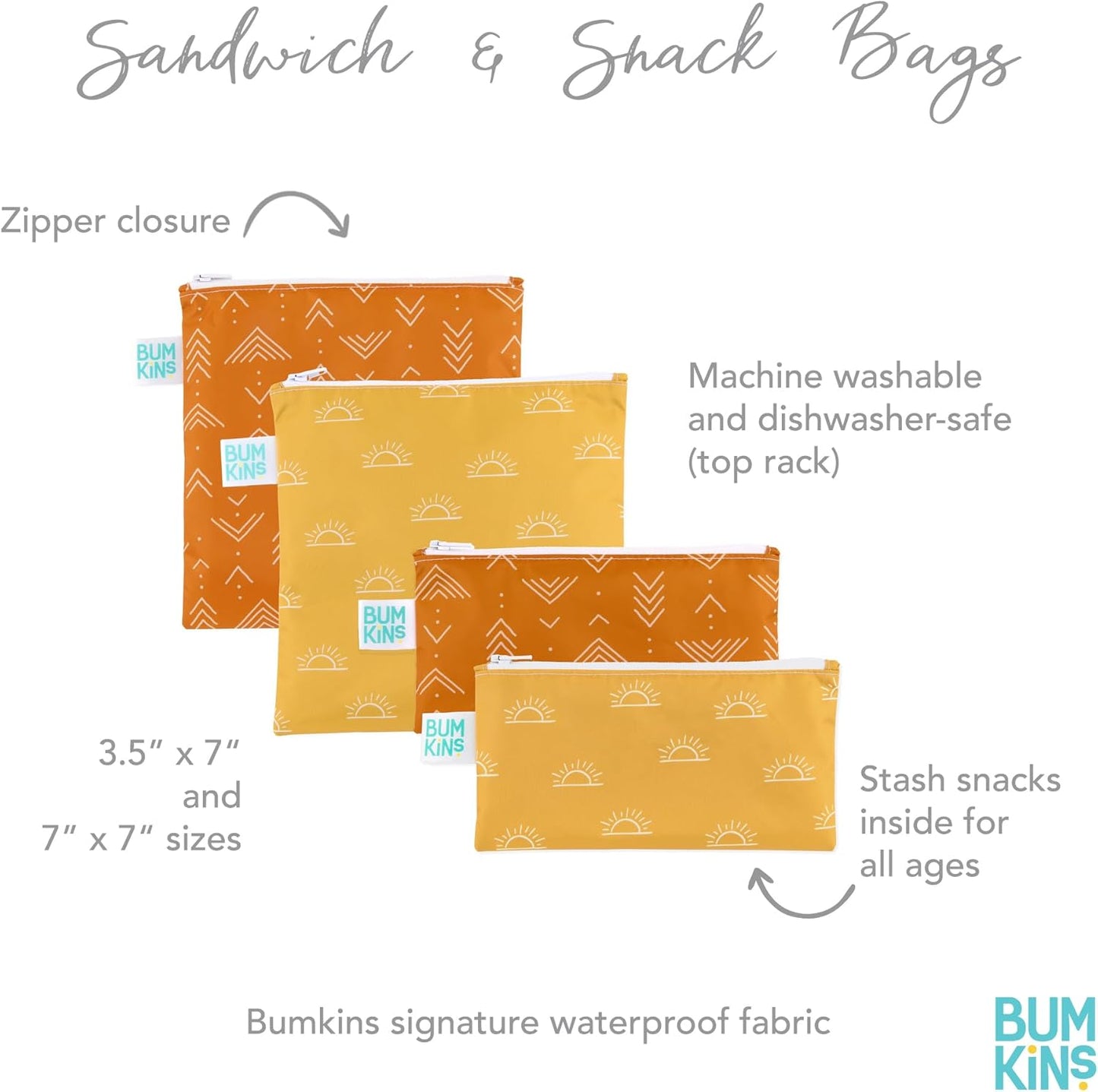 Bumkins - Cloth Snack & Sandwich Bags - For Storage, Travel, Food Prep, Lunch - Reusable, Water Resistant, Washable, Dishwasher Safe - Snack Bags for Kids - Zipper Closure - Desert Boho - 4 Pack
