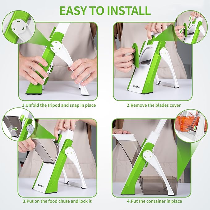 Safe Mandoline Slicer for Kitchen, Professional Vegetable Chopper With Container, Onion Chopper/Potato Slicer, More with 30+ Presets & Thickness Adjuster, Faster Food Chopper Gadgets - Green