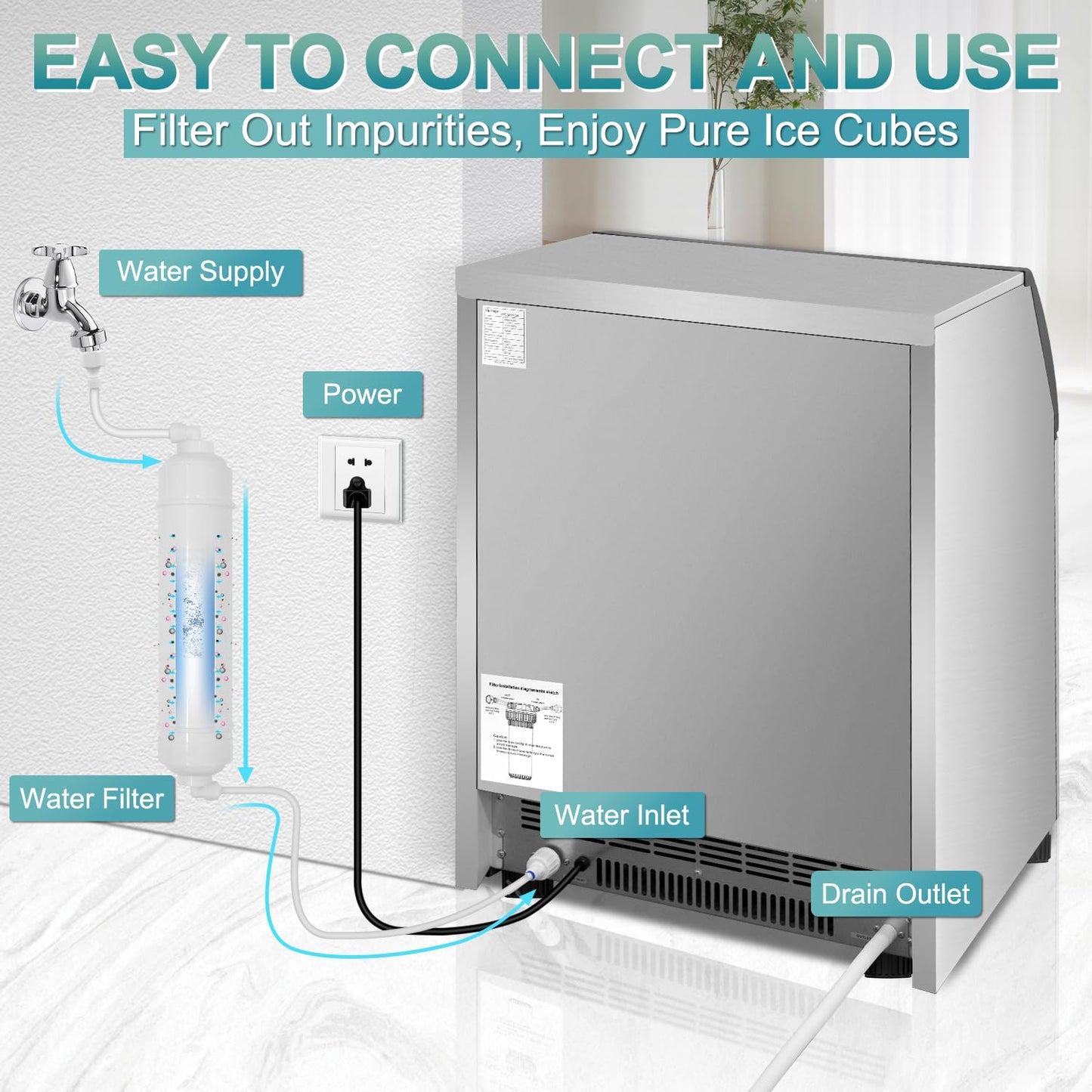 Commercial Ice Maker Machine 260Lbs/24H, 72pcs Ice Cubes Under Counter Ice Machine with Water Line and Filter, Freestanding Ice Maker Machine with 55Lbs Storage ice Bin for Home/Shop/Office/Bar