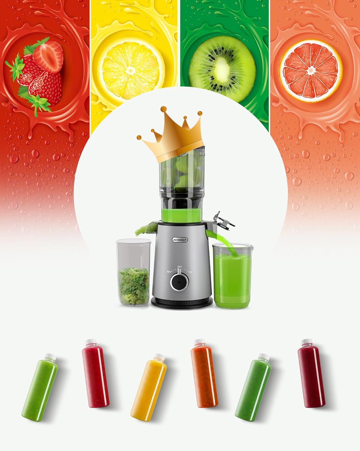 Cold Press Juicer, ECOSELF Juicer Machines with Large Feed Chute Fit Whole Fruits & Vegetables, Self Feeding for Juice Extractor Machine, Easy to Clean and Assemble, High Juice Yield