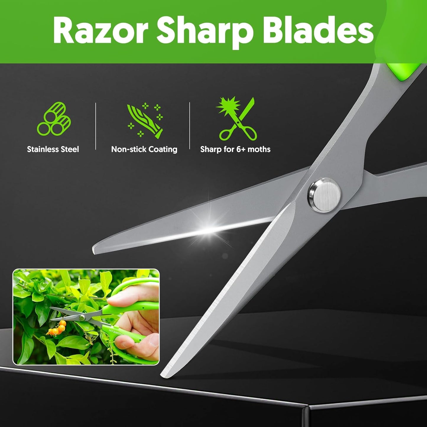 Garden Scissors, 6in Pruning Shears Snips Non-stick Coated Sharp Steel Blades - Gardening Tools Garden Shears for Plants Herb Flowers in Grow Tent and Hydroponics, Curved Blade