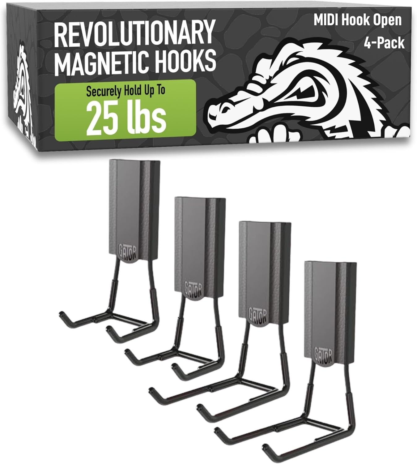 GATOR MAGNETICS MIDI 2.5 & 4" Open Hooks, 25 lb Heavy Duty Magnetic Hooks for Steel Surfaces, Patented Easy-Release, Non-Slip Grip – Storage & Organization, Garage, Shed, Home, Cleaning Tools -4 Pack
