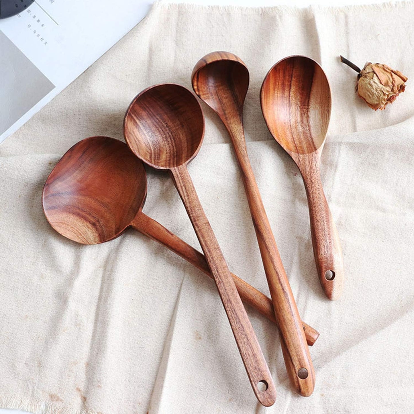 FJNATINH Wooden Soup Ladle Set, Kitchen Spoon Set Utensils, 4 Pcs Handmade Natural Teak Cooking Spoons, Long Handle Wooden Soup Ladle Spoon