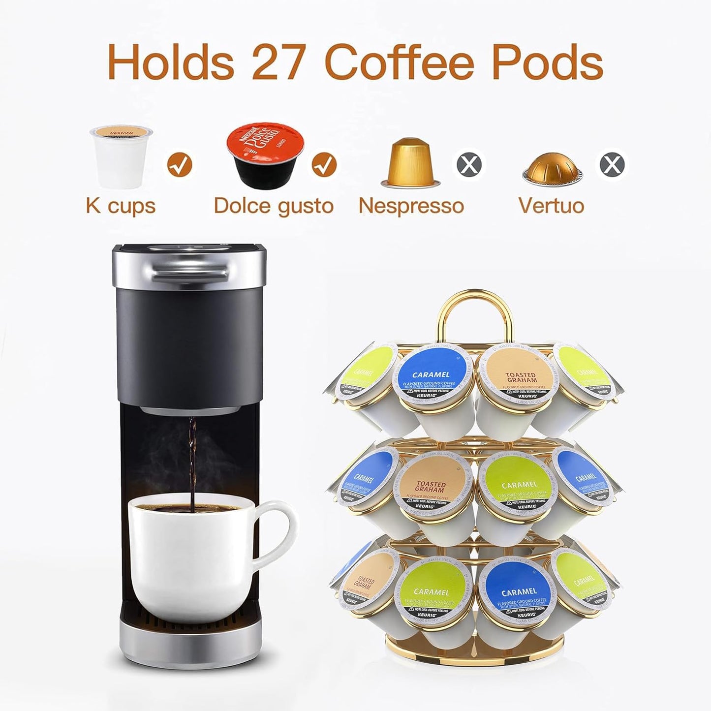 Coffee Pod Storage Organizer for K-Cup Pods, K Cup Holder,K Cup Carousel, Home Office Kitchen Counter Coffee Station Organizer (27 Pods Capacity-Gold)