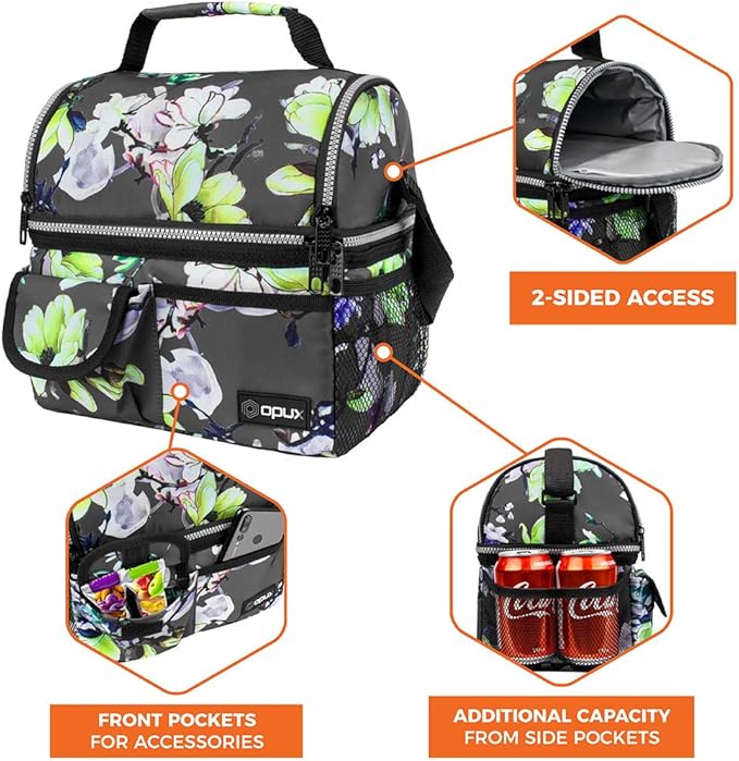 opux Lunch Bag Women Insulated, Adult Lunch Box Cooler, Flower Lunch Box, Dual Compartment Lunchbox for Work, Leakproof Double Decker Lunch Bag, Soft Lunch Pail Tote Girls Kids School, Floral Gray