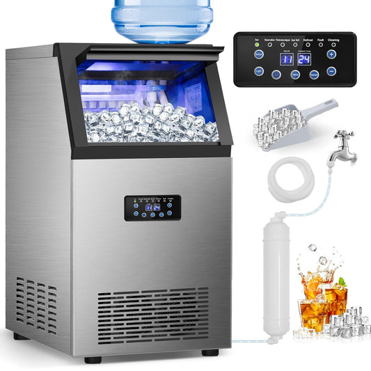 Commercial Ice Maker 120LBS/24H, Stainless Steel Freestanding Ice Maker Machine 30LBS Storage Bin, Auto Clean Under Counter ice Machine for Home, Restaurant, Bar, Hotel, Store