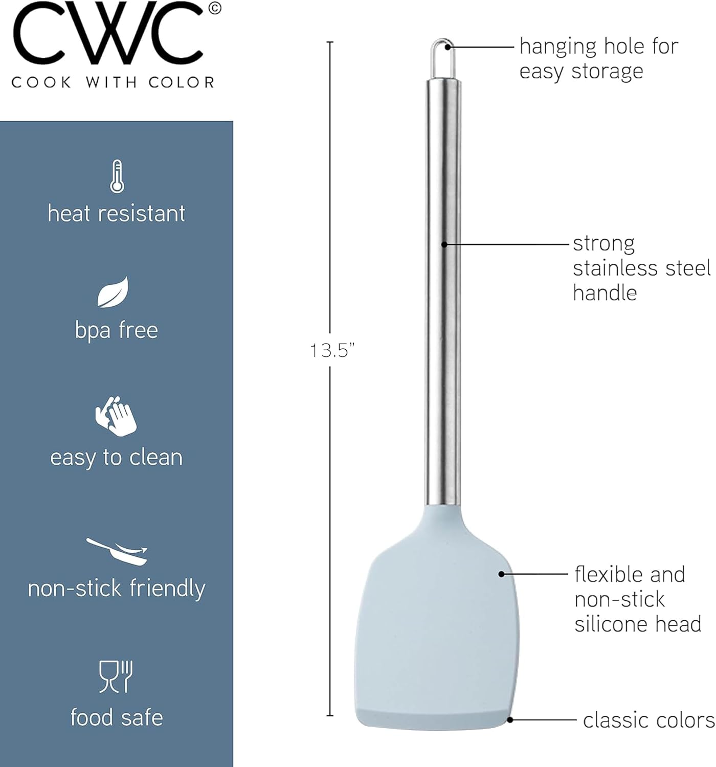 COOK WITH COLOR Silicone Cooking Utensils, Kitchen Utensil Set, Easy to Clean Silicone Kitchen Utensils, Cooking Utensils for Nonstick Cookware, Kitchen Gadgets Set, 10 Pieces, Blue and White