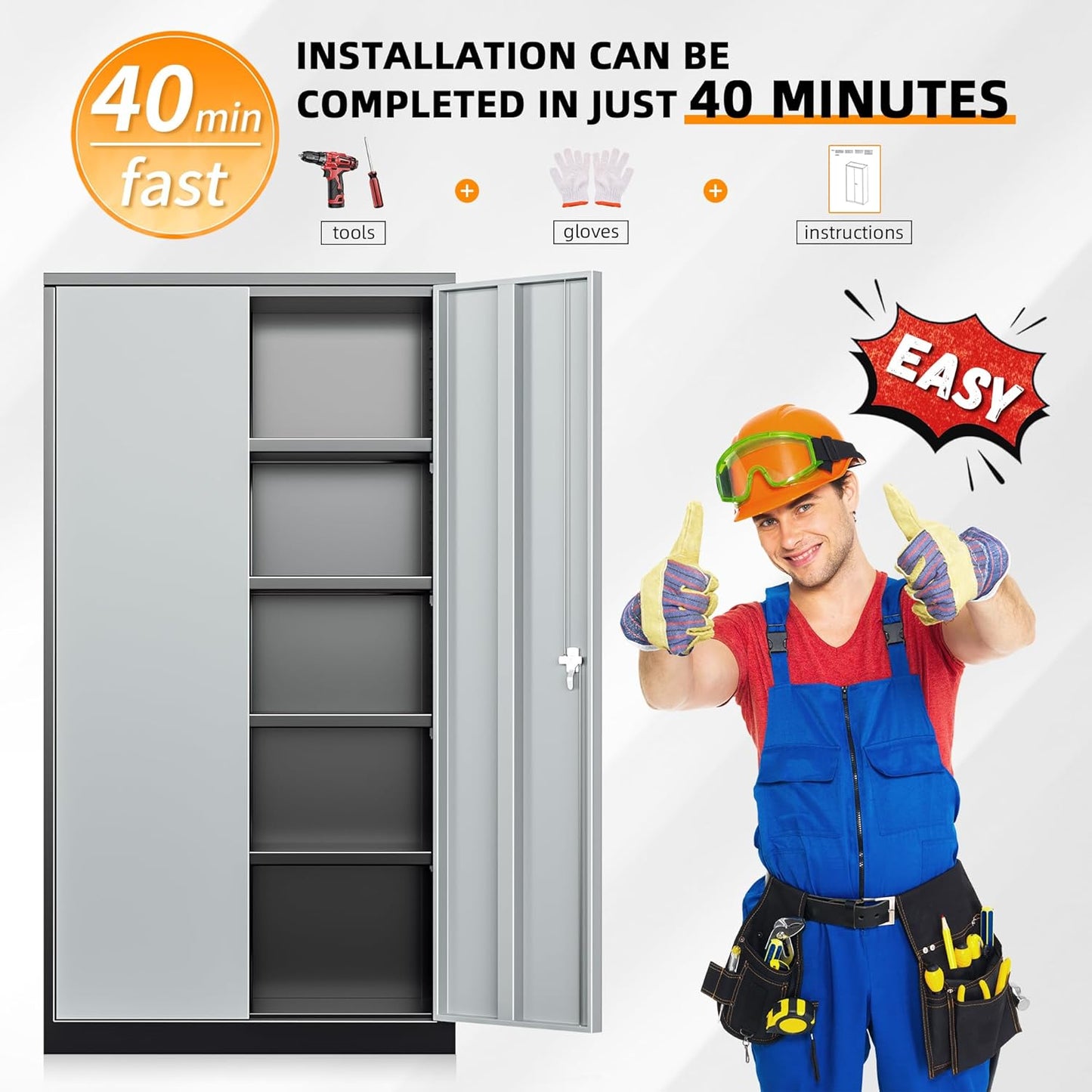 INTERGREAT Metal Storage Cabinets 72” Black Grey Garage Steel Storage Cabinet with Doors and Shelves, Steel File Cabinet for Home Office, Basement, Warehouse, Classroom（Anti Tipping）