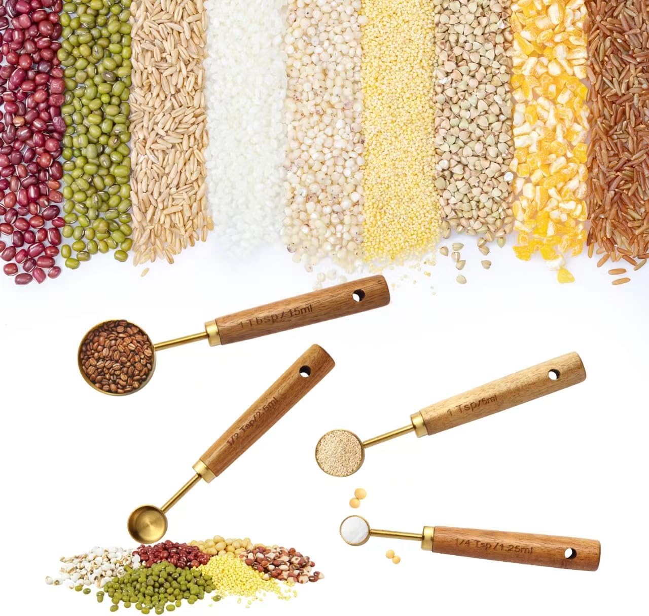 Gold Measuring Cups and Spoons Set of 4, Golden Stainless Steel Measuring Cups with Wooden Handles brass Measuring Spoons Set for Baking Supplies